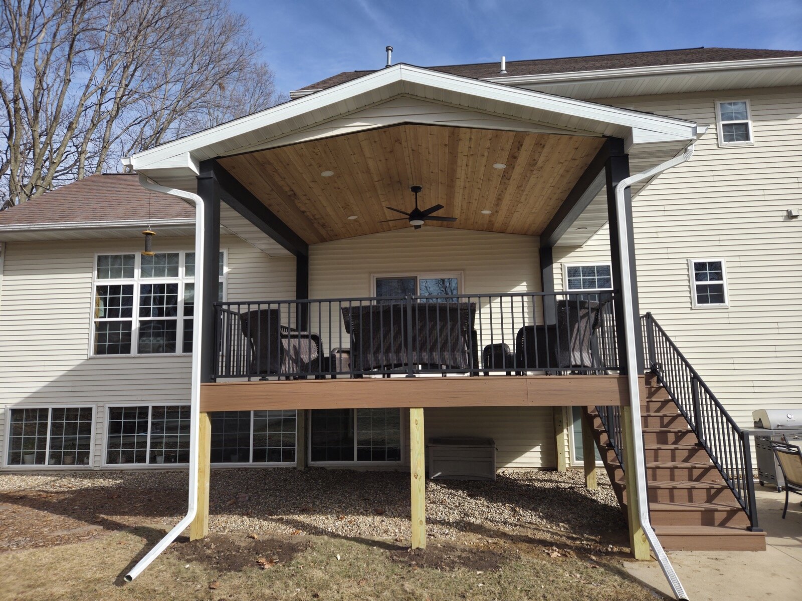 Covered deck with cedar ceiling built by T&T Home Improvement in Cedar Rapids Iowa